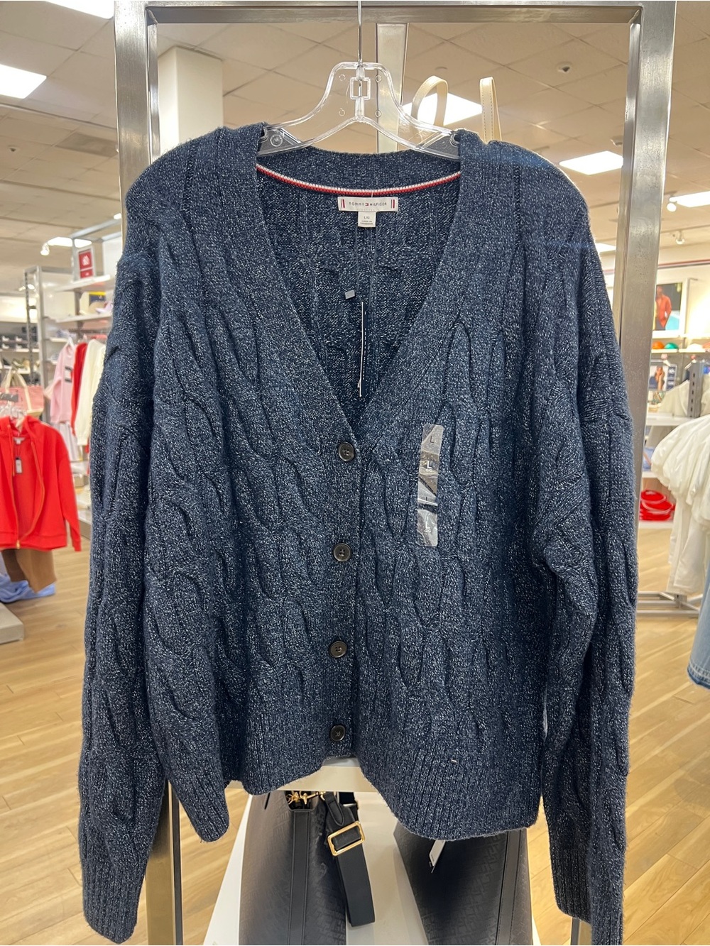 Tommy Cable Knit Navy Button-Front Cardigan